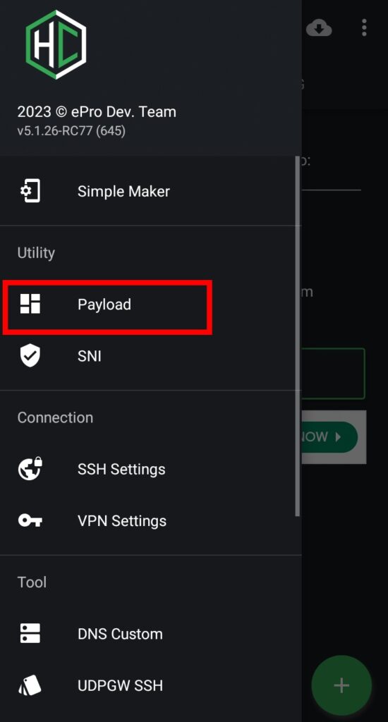 acess payload settings  http custom